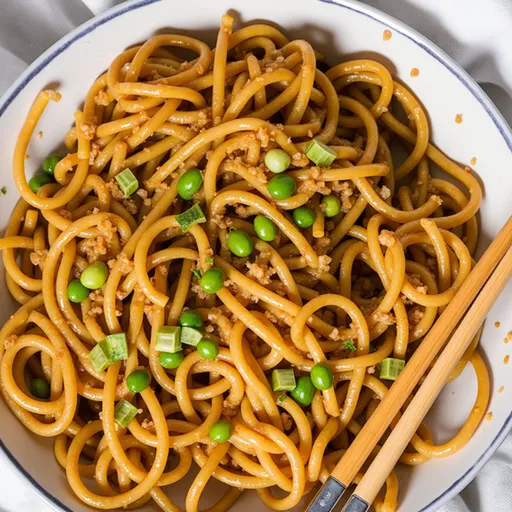 A vibrant plate of vegan garlic noodles garnished with cilantro and served with soft, warm lighting.