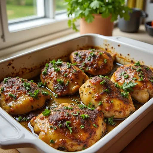 Golden-brown chicken thighs on a plate, illuminated by soft natural light.