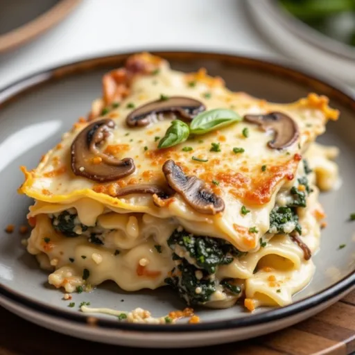 Eye-level view of a delicious Mushroom and Spinach Lasagna, highlighting its rich tomato sauce and melted cheese.