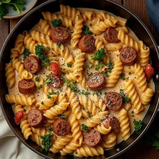 A delicious serving of Cajun sausage pasta in a bowl, revealing its creamy texture and vibrant vegetables.