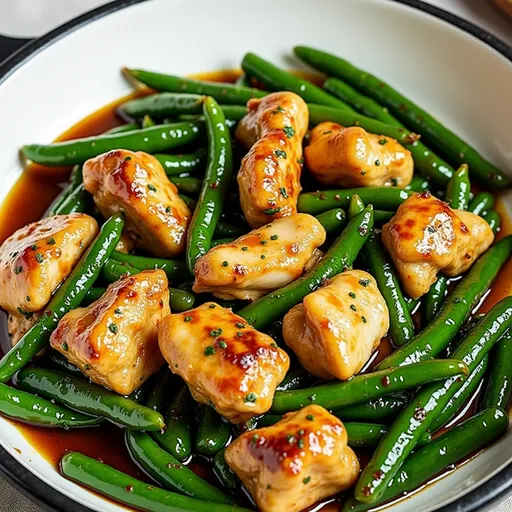 Delicious Low-Carb Garlic Chicken served with vibrant green beans, illuminated by soft natural light.