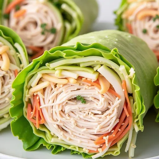 Delicious lettuce wrap sandwich featuring vibrant fillings of chicken, bell peppers, and cucumbers, shot in natural light.