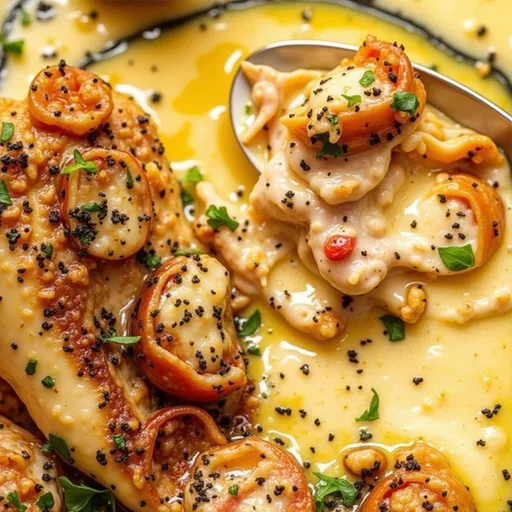 Detailed view of succulent chicken breasts in a creamy sauce served with basil and sun-dried tomatoes.