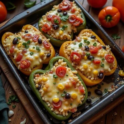 Colorful stuffed bell peppers showcasing a mixture of rice, black beans, and corn, beautifully arranged on a plate.