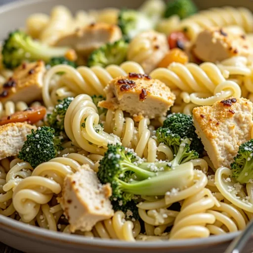 Delicious high protein pasta dish featuring rotisserie chicken, broccoli, and garnished with parmesan.