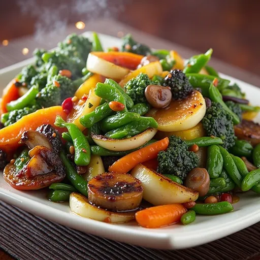 A vibrant mix of healthy sautéed vegetables with a soft-focus background and natural light enhancing the textures.