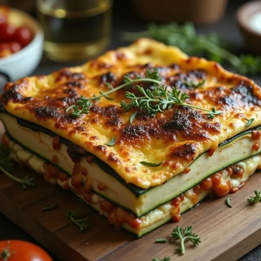 A delicious zucchini lasagna showcasing rich textures, with creamy ricotta and vibrant vegetables.