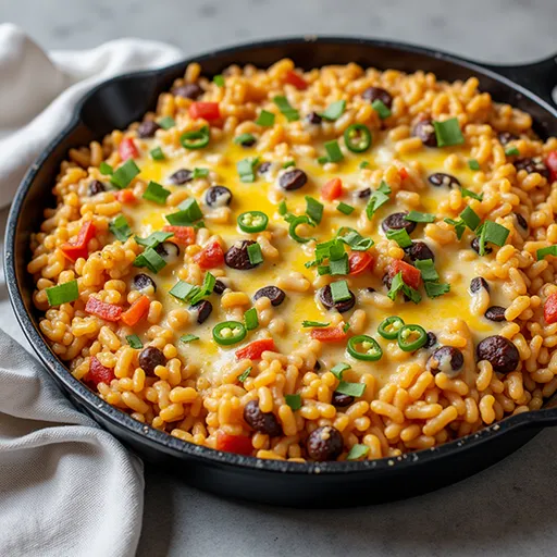 Eye-level view of a baked Vegetarian Mexican Rice Casserole, featuring layers of beans, corn, and cheese.