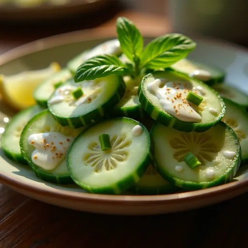 A vibrant salad featuring thinly sliced cucumbers and a rich Greek yogurt dressing.
