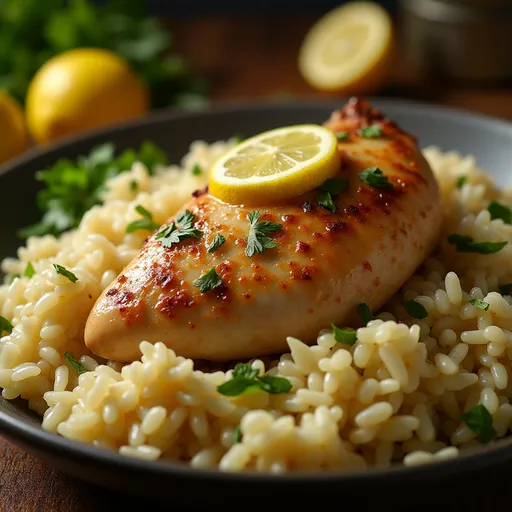 Tantalizing Slow Cooker Lemon Herb Chicken and Rice on a plate, featuring a vibrant lemon slice.