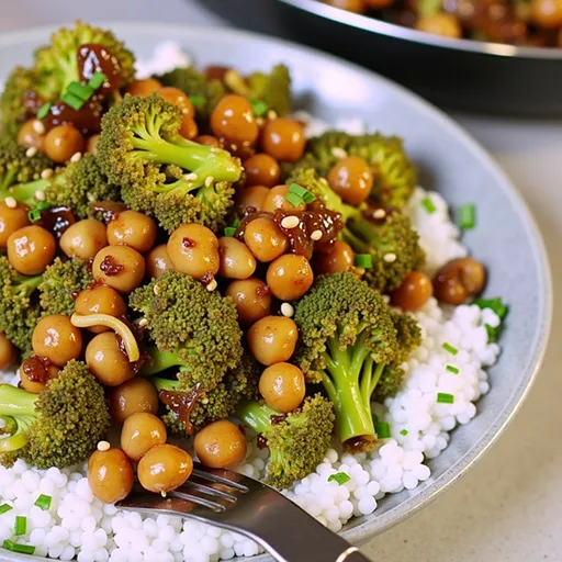 An eye-level image of a colorful stir fry featuring garlic sautéed broccoli and chickpeas, garnished with sesame seeds.