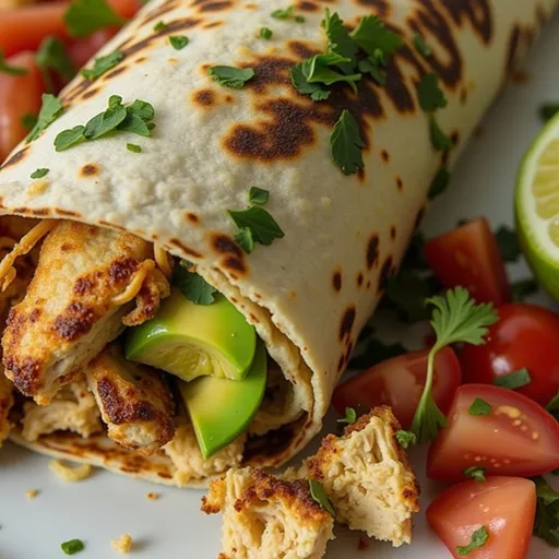 An appetizing Chicken Avocado Wrap showcasing vibrant ingredients, captured in soft, natural light.