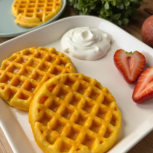 Delicious Easy Cheesy Carrot Waffles on a plate, showcasing grated carrots and cheese, illuminated by warm natural light.