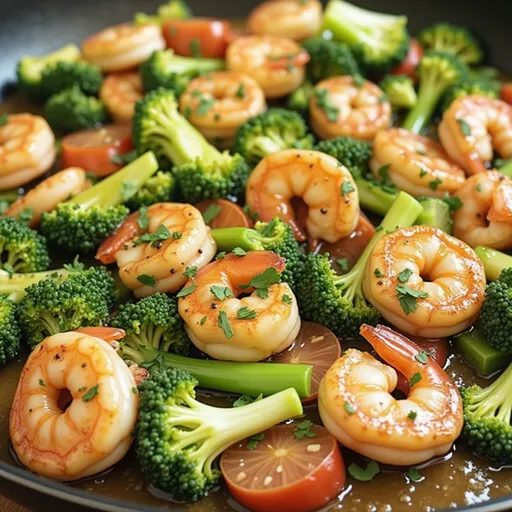 Bowl of low carb shrimp and broccoli, garnished with parsley.