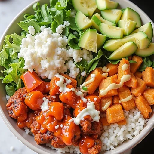 Delicious Buffalo Chicken Bowl featuring shredded chicken, rice, and fresh vegetables, beautifully arranged.