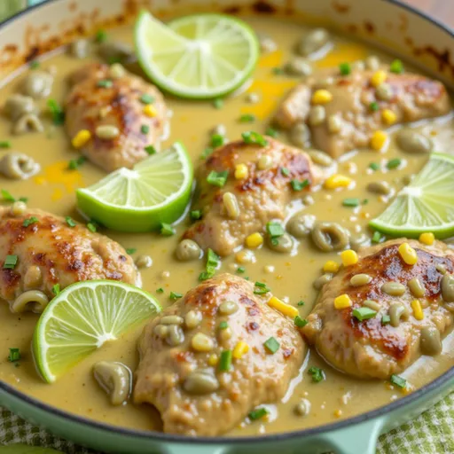 Delicious creamy chicken dish with green chilies, garnished with fresh herbs.