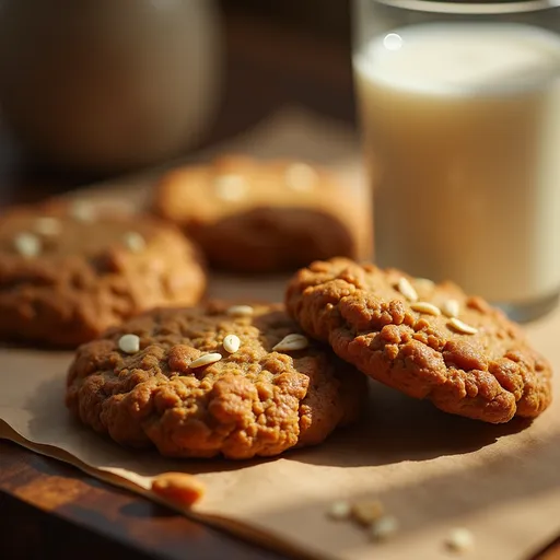 Eye-level shot of golden-brown carrot cake oatmeal cookies with visible raisins and grated carrots.