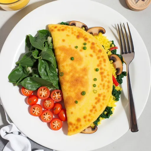 An appetizing vegan omelette with bell peppers, spinach, and mushrooms on a plate.