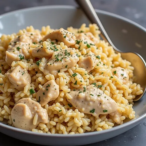 A warm, appetizing serving of creamy chicken and rice with peas, captured from eye-level.