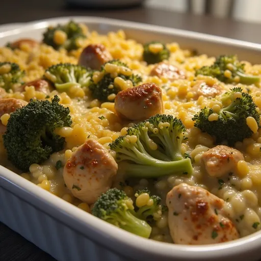 A cozy bowl of chicken and broccoli casserole, showcasing vibrant green broccoli and shredded chicken in creamy sauce.