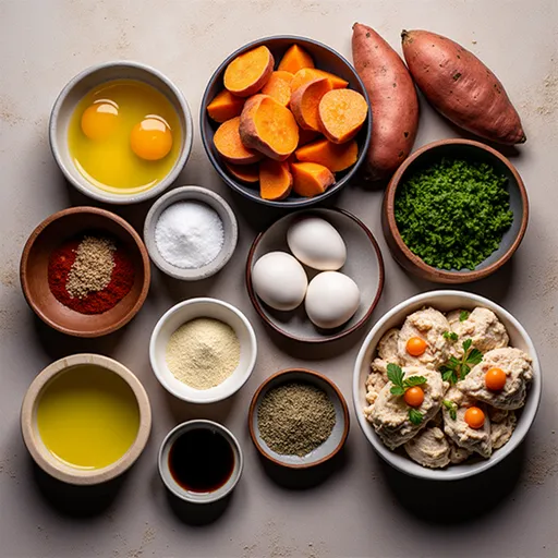 An appetizing chicken and sweet potato bowl featuring avocado slices and colorful toppings.