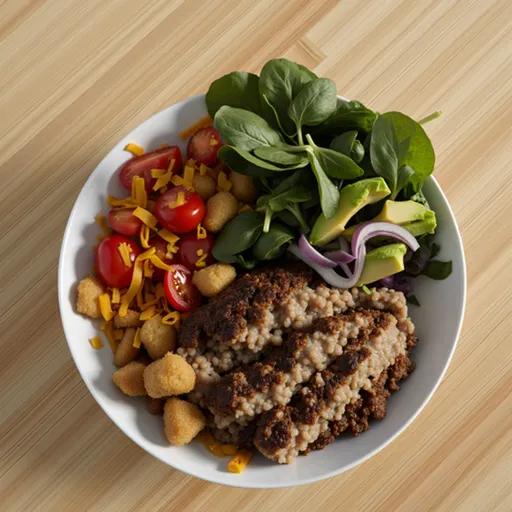 A vibrant Burger Bowl featuring ground meat, fresh greens, and sliced avocado in a cozy setting.