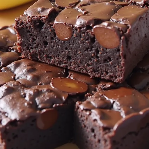 Delicious, healthier banana brownie topped with a glossy sheen, highlighting its rich texture and ingredients.