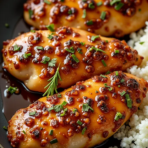 Juicy chicken breasts drizzled with honey garlic sauce, showcasing rich textures.
