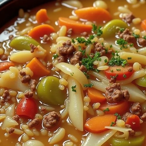 Eye-level view of a steaming bowl of cabbage soup with diced vegetables and herbs.