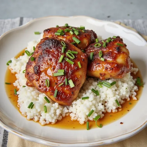 Tender, golden-brown chicken thighs on a textured plate, with a warm lighting effect and blurred background.