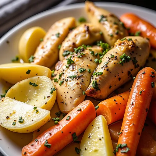 Delicious Slow Cooker Garlic Butter Chicken garnished with parsley, surrounded by vibrant veggies on a wooden table.