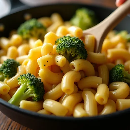 Delicious One Pot Broccoli Mac & Cheese in a bowl, highlighting melted cheese and broccoli florets.