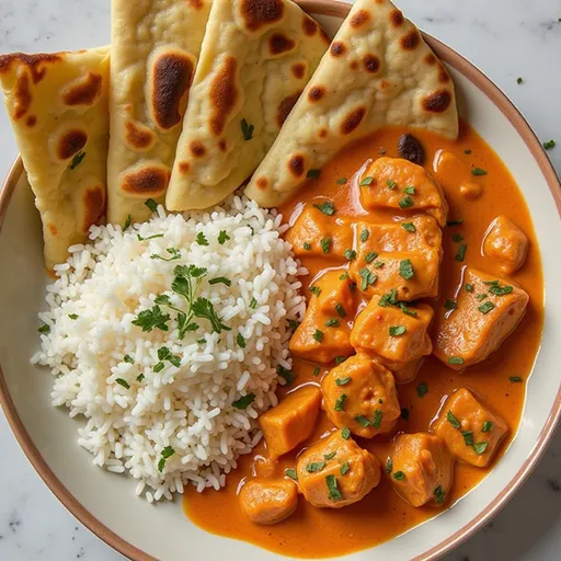 Beautifully plated Homemade Butter Chicken in a warm natural light, showcasing spices and garnishes.