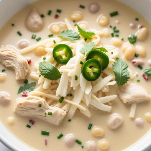 A warm bowl of white chicken chili filled with beans and chicken, captured in natural light.