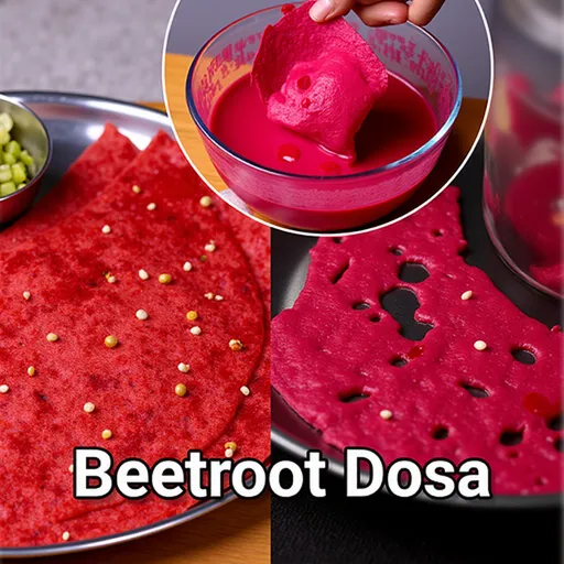 Detailed view of a beetroot dosa, highlighting its crispy edges and rich pink color, with a blurred background.