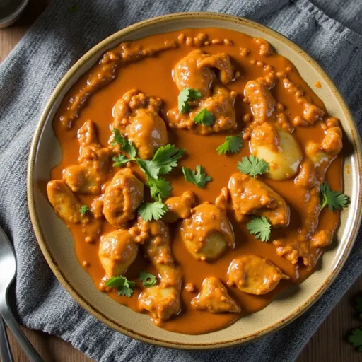 Eye-level shot of a vibrant bowl of Chicken Tikka Masala topped with cilantro, surrounded by a cozy atmosphere.