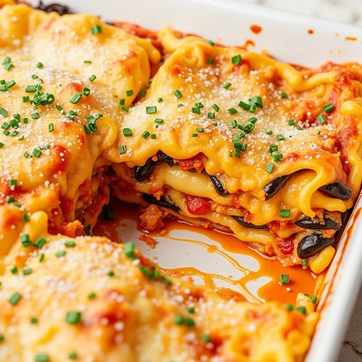 Eye-level view of a mouth-watering vegetarian lasagna on a plate, showcasing rich textures.