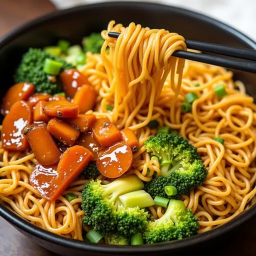 Eye-level perspective of a vegan teriyaki noodle dish with a variety of ingredients.