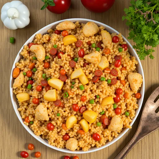 Bowl of Serbian rice with diced chicken and colorful vegetables, softly lit.