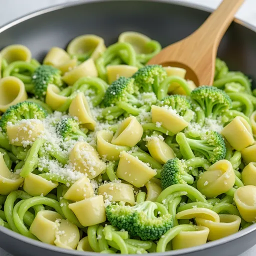 A visually appealing dish featuring sautéed broccoli and pasta illuminated by soft natural light.