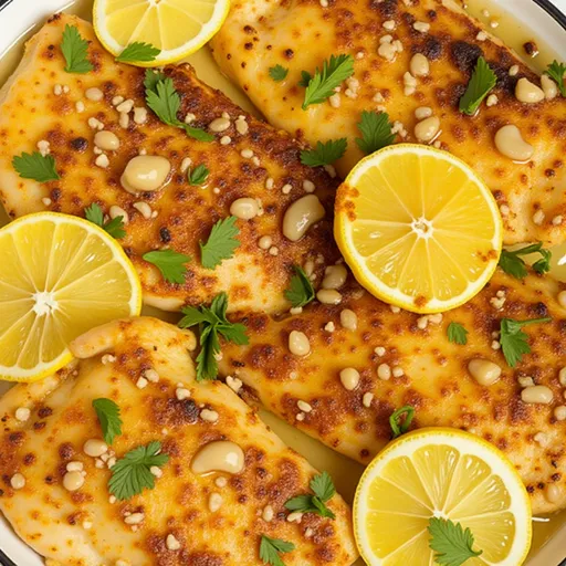 Eye-level shot of juicy lemon chicken with a glossy butter sauce, complemented by fresh lemon slices.