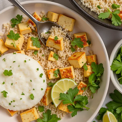 Eye-level shot of Vegan Coconut Lime Tofu cubes in a creamy coconut sauce, adorned with lime zest and cilantro.