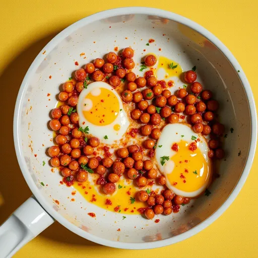 Delicious Chickpea Fried Eggs with a side of chickpeas, illuminated by warm, soft lighting.