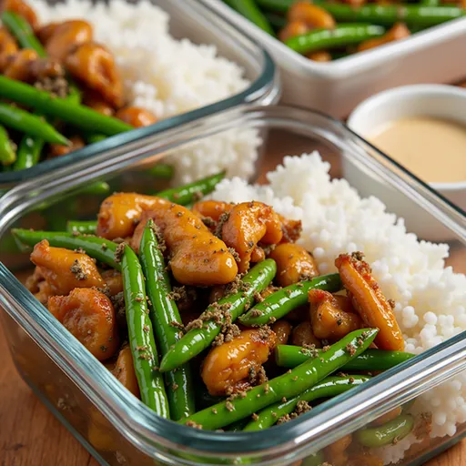 Eye-level photo of Easy Chicken Breast and green beans, showcasing texture and color.