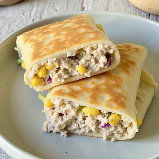 Eye-level shot of a Tuna Melt Wrap, emphasizing the texture and vibrant colors of the ingredients.