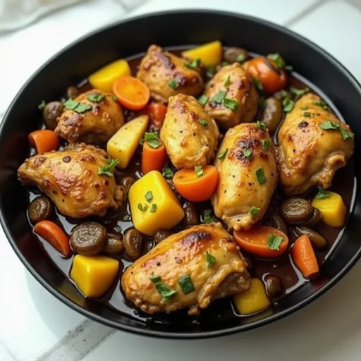 Delicious Instant Pot dish featuring juicy chicken, carrots, peas, and corn with a cozy background blur.