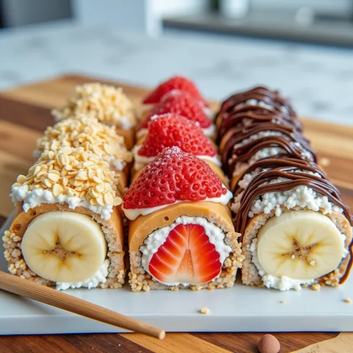 Detailed view of sliced Banana Sushi with rolled oats, coconut, and a drizzle of honey.