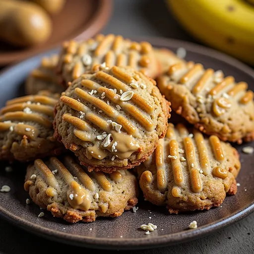 Eye-level shot of softly baked banana bread cookies, highlighting their oatmeal texture and inviting appearance.