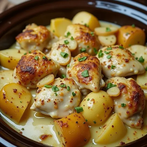 A mouthwatering serving of Garlic Parmesan Crockpot Chicken and Potatoes with a soft background.