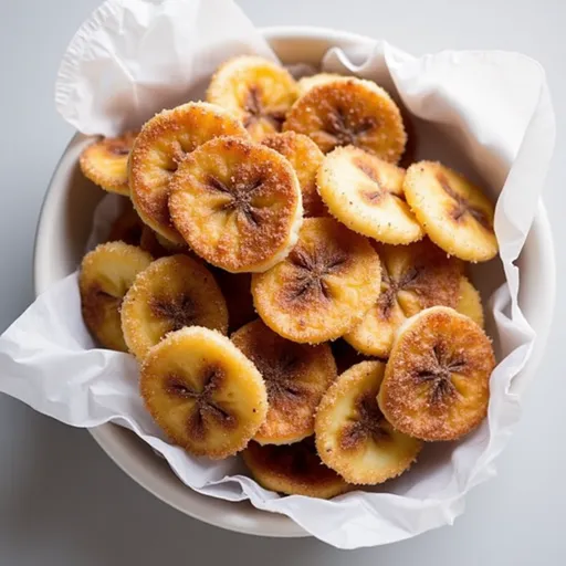 Golden-brown banana chips sprinkled with cinnamon, highlighted by soft natural lighting.